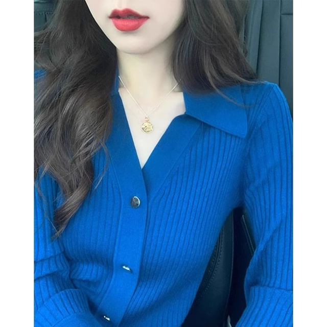 Faiar-V-Neck Collared Plain Button-Up Cardigan