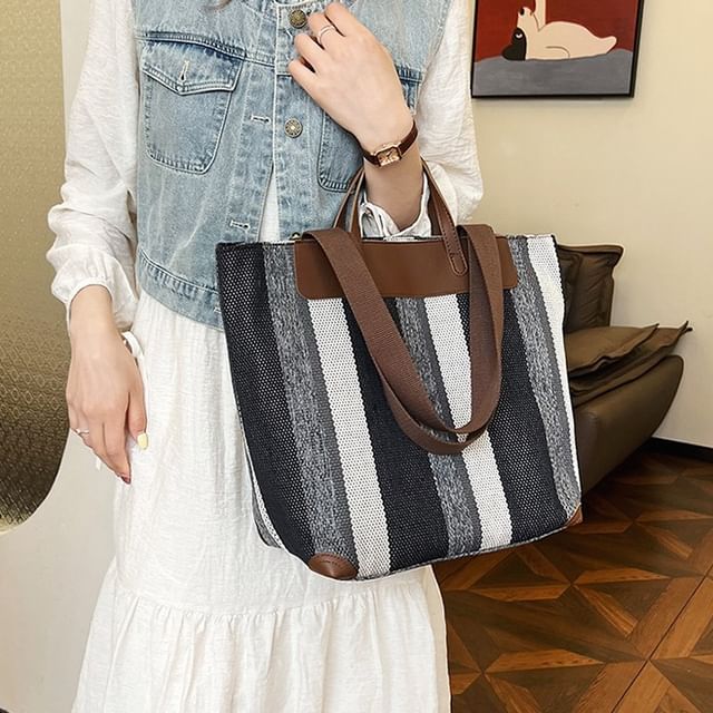 NewTown-Striped Fabric Tote Bag