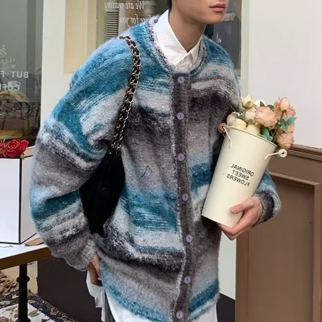 GRAYCIOUS-Crewneck Striped Button-Up Cardigan