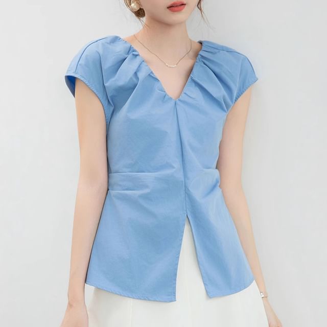 Lady Jean-Cap-Sleeve V-Neck Plain Blouse