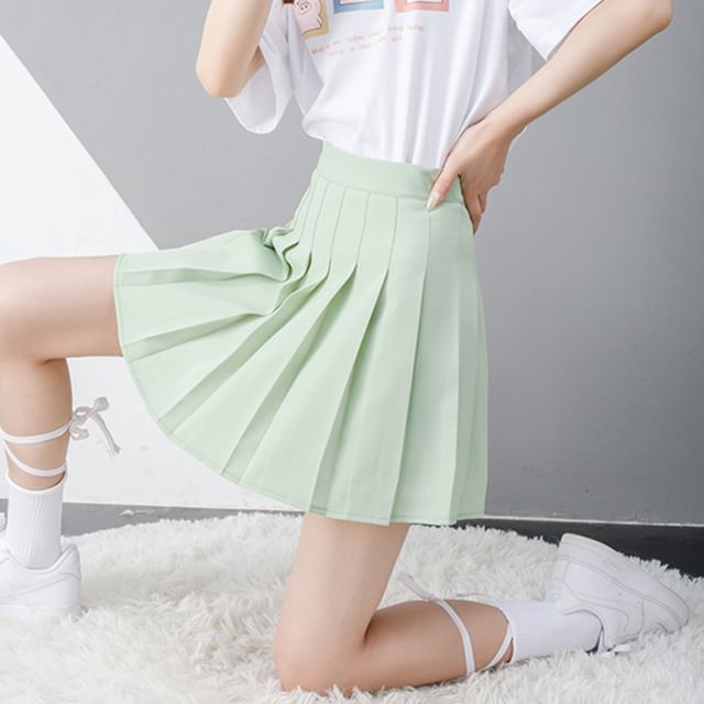 Woohan-High Rise Plain Pleated Mini A-Line Skirt