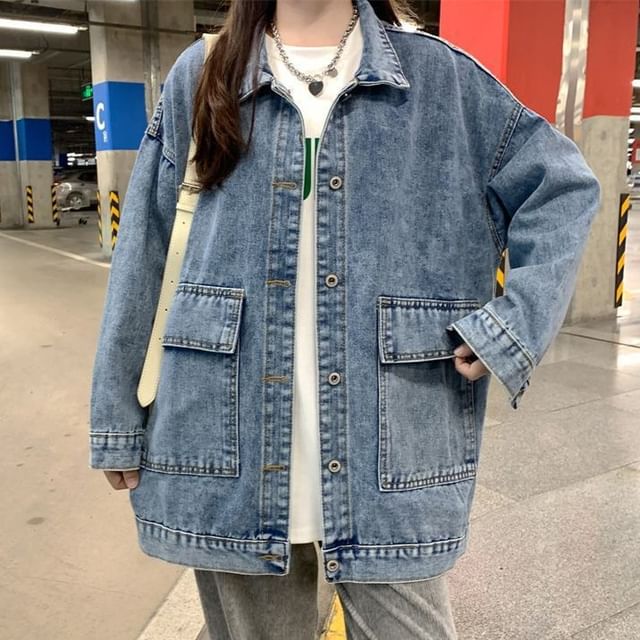 Sisyphi-Collared Washed Button Denim Cargo Jacket