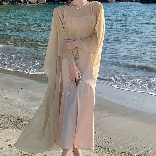 JIYON-Set Spaghetti Strap Plain Maxi A-Line Dress High-Low Cape