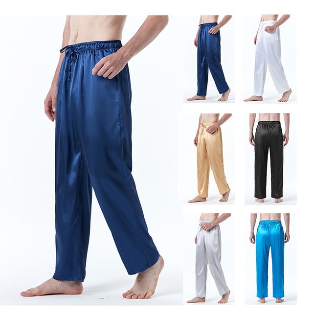FORSETI-Drawstring Waist Plain Straight Leg Pants