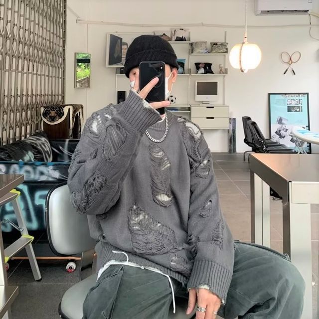 Myanderthal-Crew Neck Plain Distressed Oversized Sweater
