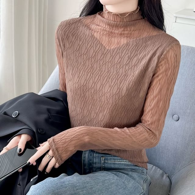 Acoustic Rain-Long Sleeve Mock Neck Plain Mesh Top
