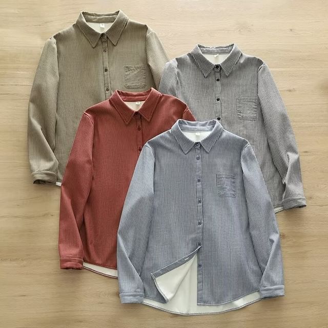 PANDAGO-Fleece-Lined Striped Button-Up Shirt