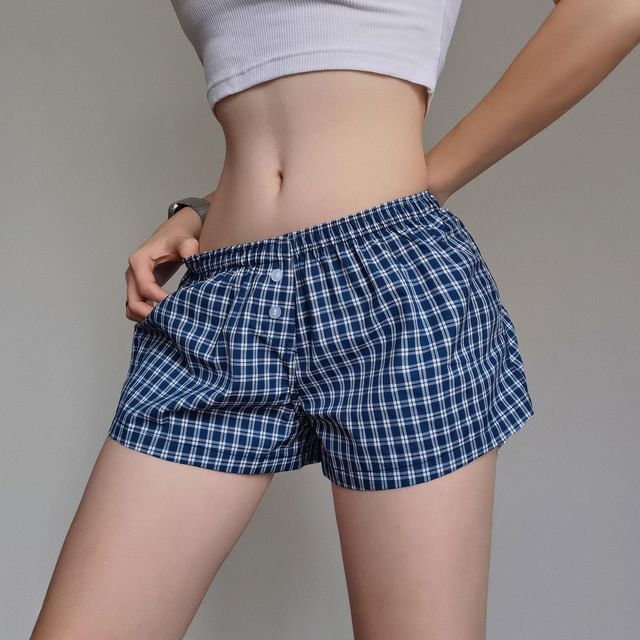 Maisee-Low Rise Plaid Shorts