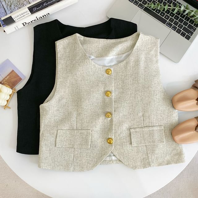 Iasia-Round Neck Tweed Button Vest