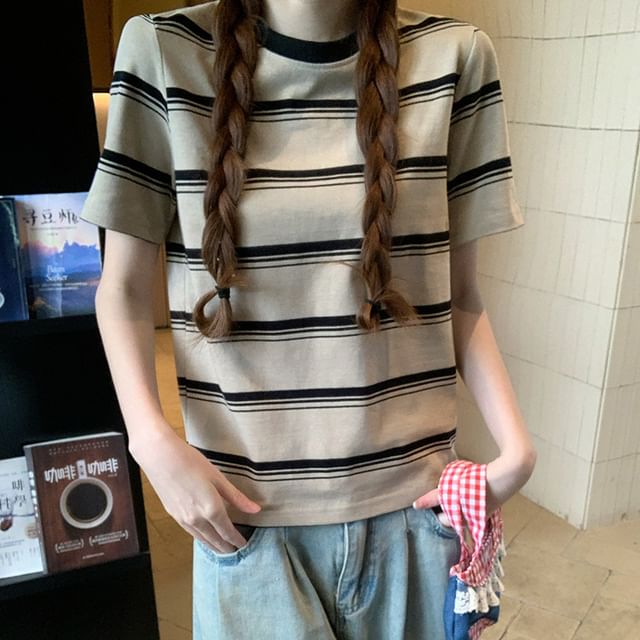 Racoon-Short Sleeve Round Neck Striped Tee
