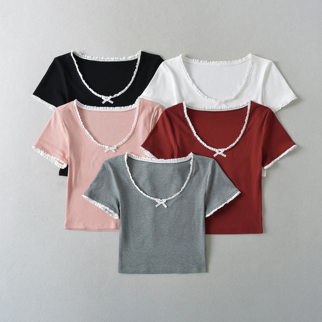 Round Neck Short Sleeve Stitching Bow T-Shirt Round Neck Short Sleeve Stitching Bow T-Shirt