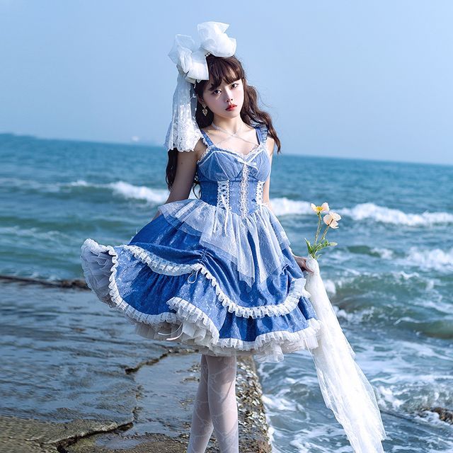 PUJI - Ruffle Strap Lace-Up Midi A-Line Lolita Dress | YesStyle