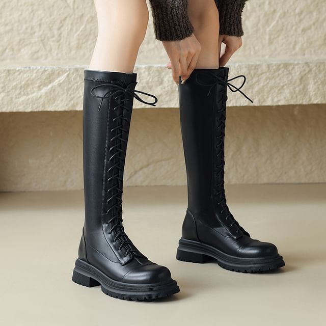 Cinnabelle-Plain Lace-Up Tall Boots