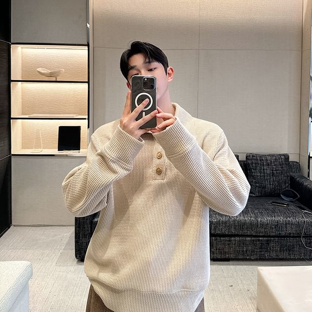 Orungeetun-Long Sleeve Plain Oversized Polo Sweater