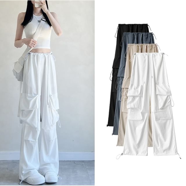 evanesce-High Rise Drawstring Pocket Plain Wide Leg Parachute Cargo Pants