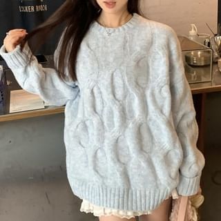 Closette-Crew Neck Plain Cable Knit Oversized Sweater