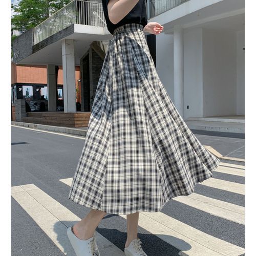 Womens Midi Skirts Vintage Plaid Skirt Spring Fashion Elastic Waist Knee  Length A-Line Pleated Tartan Skirt Skort 