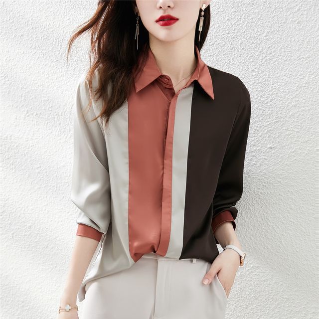INEN-Collared Color Block Shirt