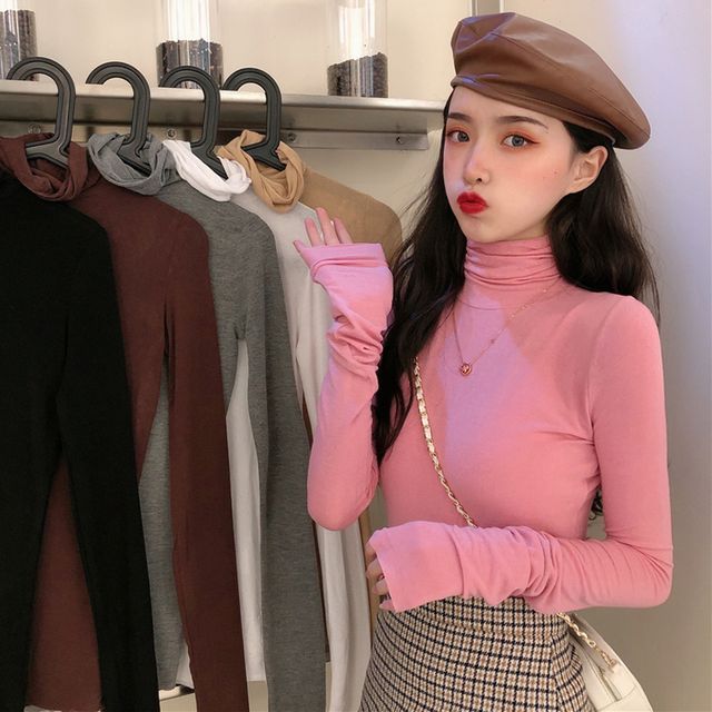 Magimomo-Long-Sleeve Turtleneck Plain Top