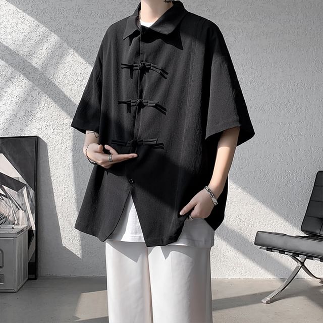 Drawouf-Short-Sleeve Plain Frog Buttoned Shirt