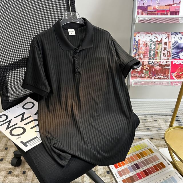 Hushgrain-Elbow-Sleeve Collared Plain Ribbed T-Shirt