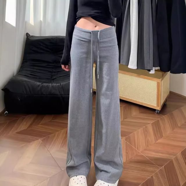 Asiris-Drawstring Waist Plain Flared Pants