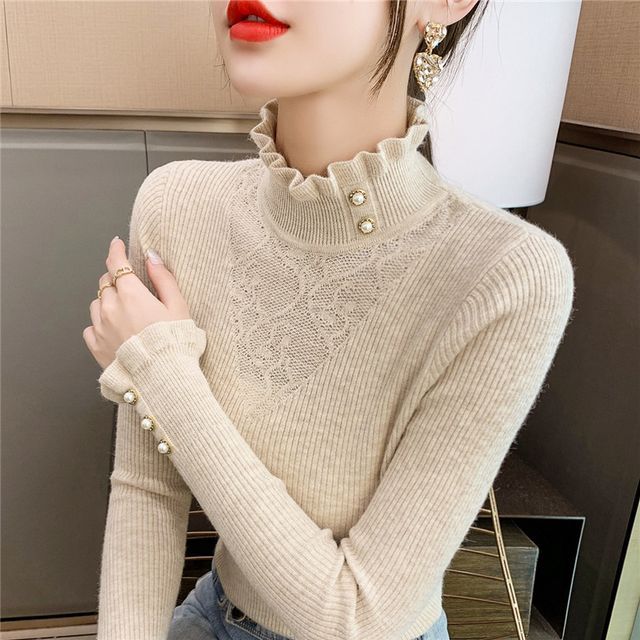 Keiko Girl Semi Turtleneck Ruffle Trim Plain Slim Fit Ribbed