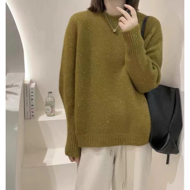 Cossita-Crew Neck Plain Glitter Sweater