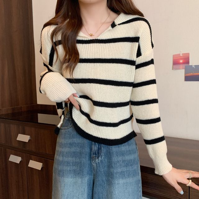 Yako-Long-Sleeve Lapel Striped Side-Slit Sweater