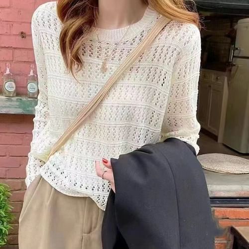Yohana - Long-Sleeve Crew Neck Plain Perforated Knit Top