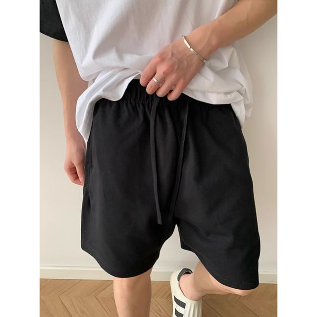 fluffush-Drawstring Waist Plain Wide Leg Sweat Shorts