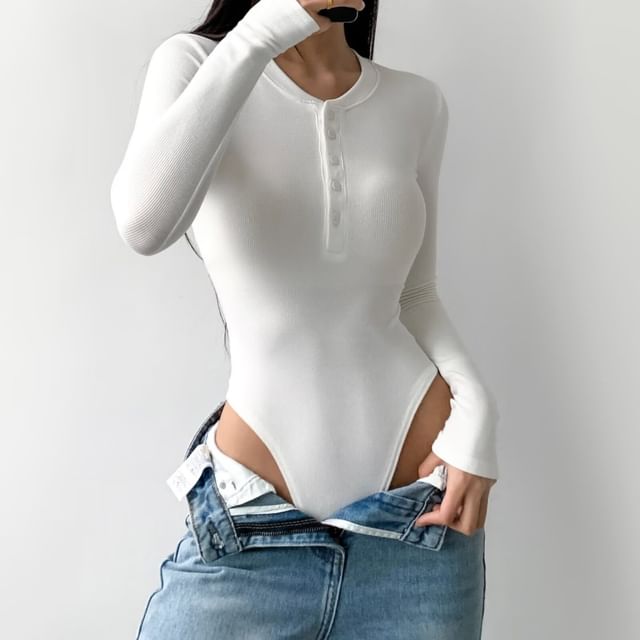 Faiar-Long-Sleeve Crew Neck Henley Plain Bodysuit Top