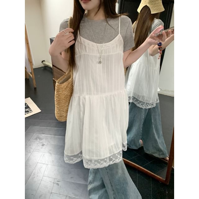 Beem-Short-Sleeve Crew Neck Plain Tee Spaghetti Strap Scoop Neck Plain Lace Trim Mini A-Line Dress