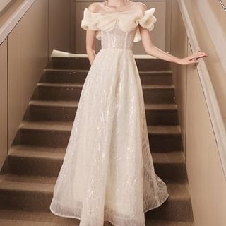Fioridi-Cap-Sleeve Off-Shoulder Sequin A-Line Evening Gown