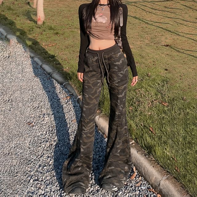 Bolgivy-Drawstring Waist Camo Print Flared Pants Various Designs