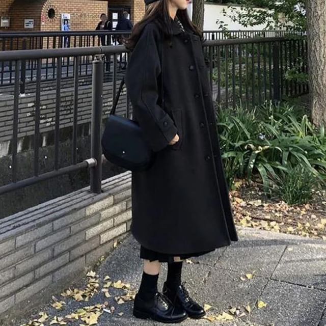 Sienne-Collared Plain Single Breasted Long Coat