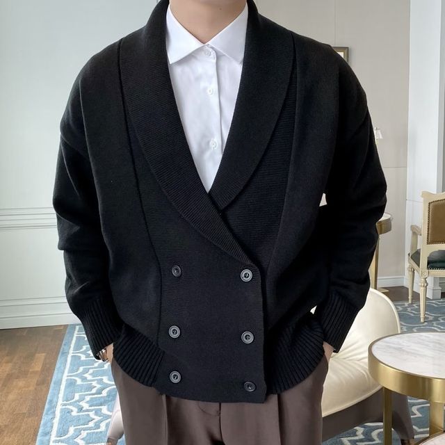 Nightbell-V-Neck Plain Double-Breasted Cardigan