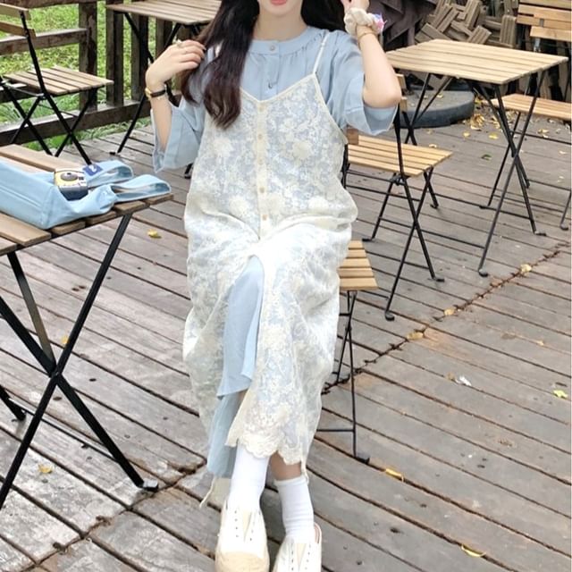 lace raglan sleeve dress Parchment Button Lace Detail Raglan Sleeve Shift Mini Sweater Dress main image 1