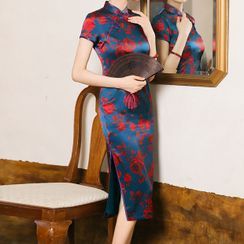 Miss Four Qipao - Short-Sleeve Flower Print Midi Qipao