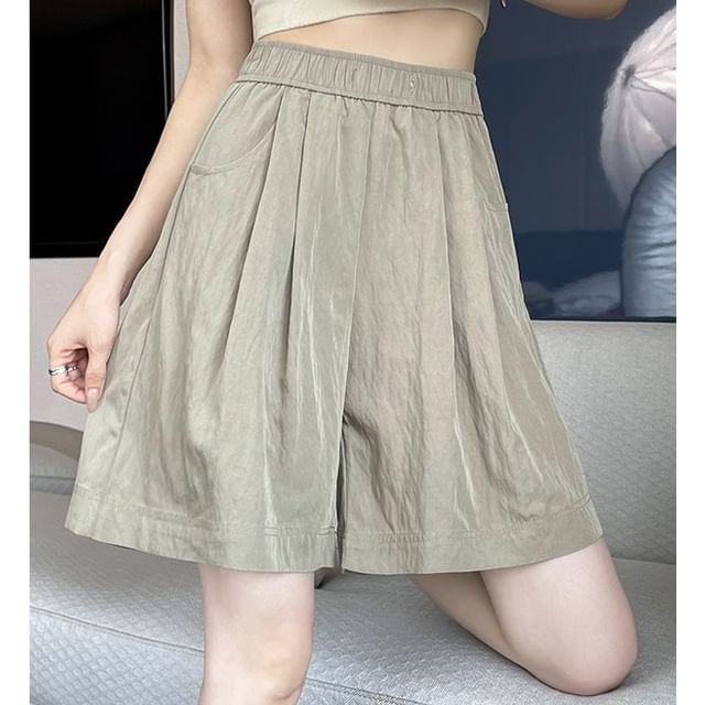 evanesce-High Rise Plain Wide Leg Pocketed Shorts
