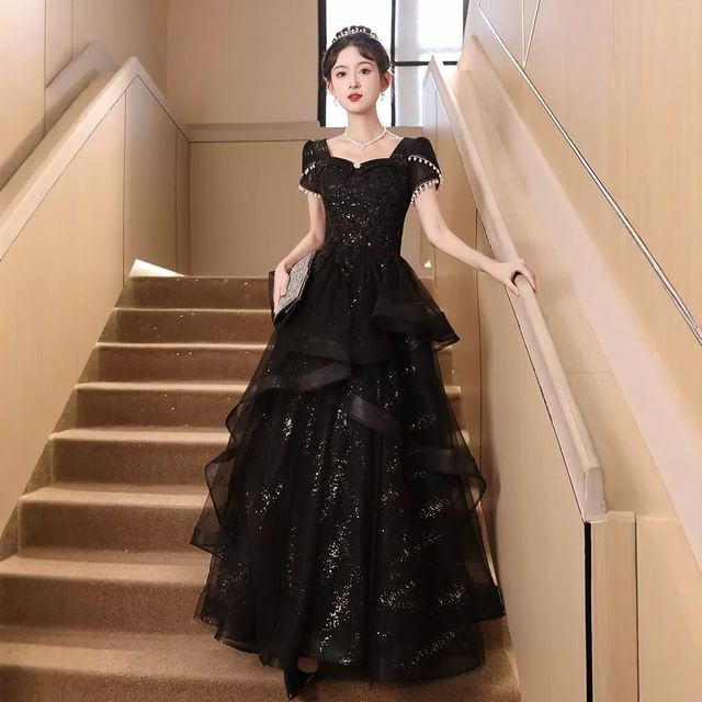 DreesHouse-Short-Sleeve Square Neck Sequin Ruffle A-Line Evening Gown