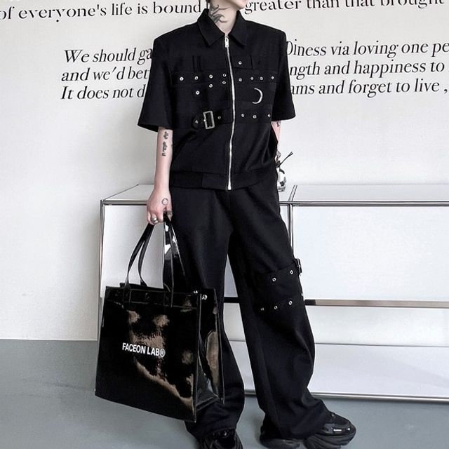 ravewider-Set Short-Sleeve Collared Plain Buckled Grommet Zip Jacket Drawstring Waist Wide Leg Pants