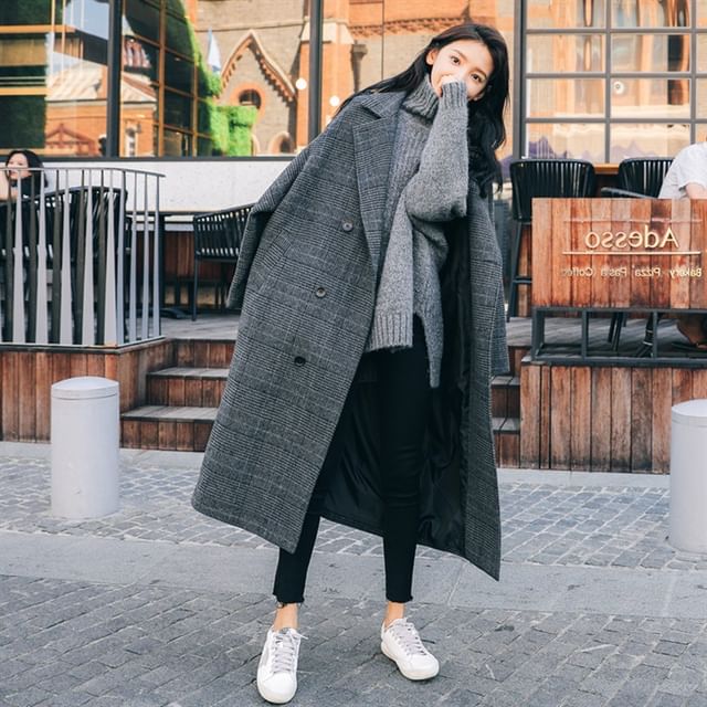 Shinsei-Plaid Midi Double-Breasted Coat