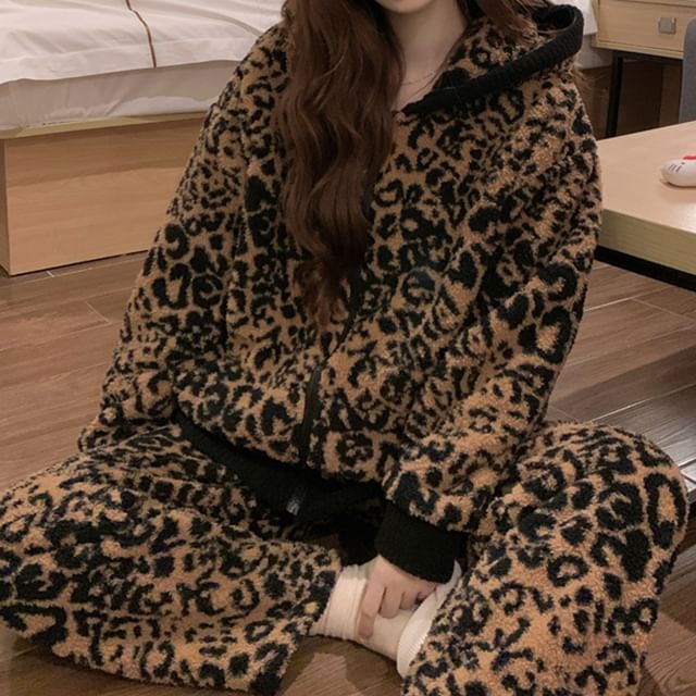 Dazzli-Pajama Set Leopard Print Hooded Zip Jacket Pants