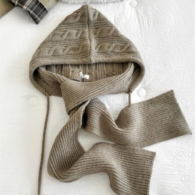 Combon-Plain Cable Knit Hooded Scarf