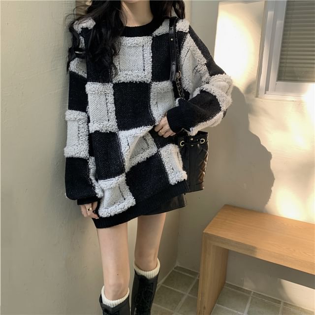 Sienne-Crew Neck Checker Sweater