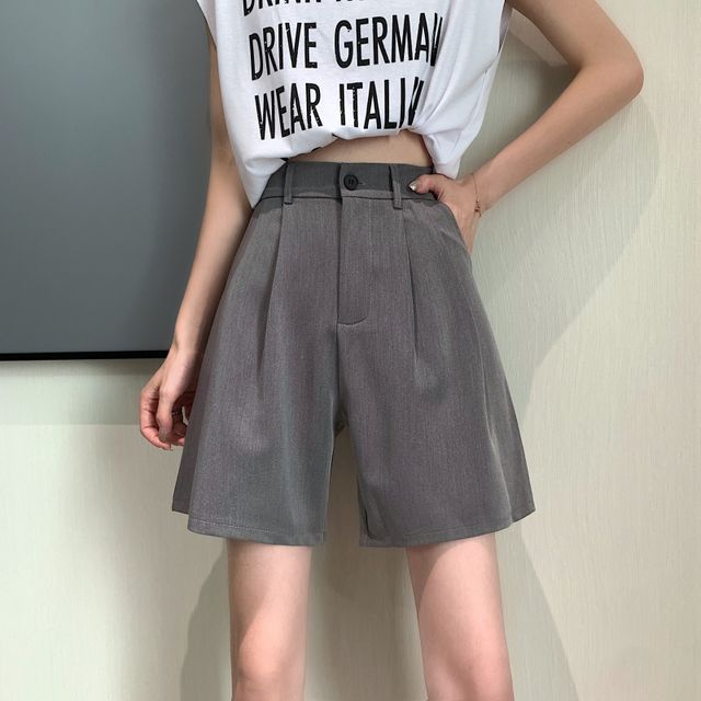Everose-High Waist Plain Wide-Leg Shorts