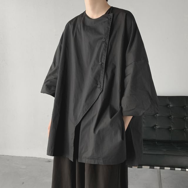 WidoWilder-34-Sleeve Crew Neck Plain Asymmetrical Button-Up Shirt