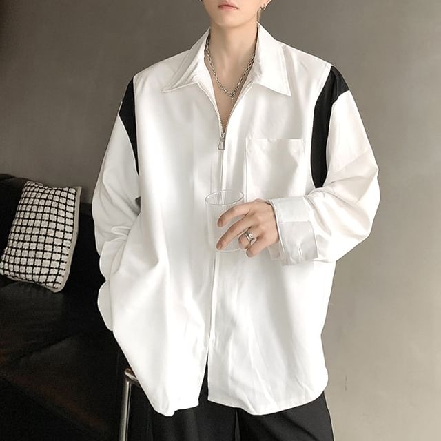 Lingaris-Striped Zip Detail Oversized Shirt