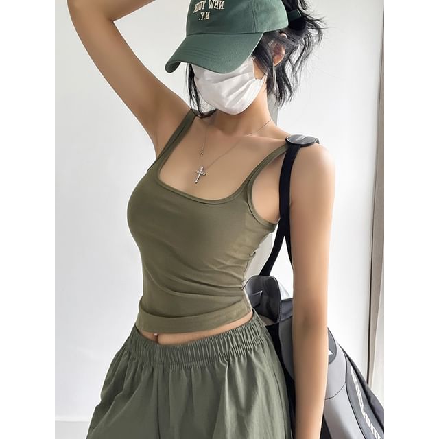 Maisee-Plain Square-Neck Crop Tank Top